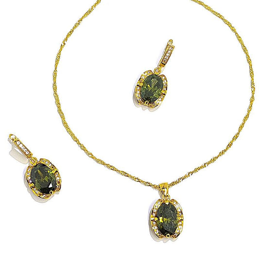 New vintage olive green Zirconia Gem Necklace Earrings Set Delicate shiny geometric cubic Zirconium 18K gold plated